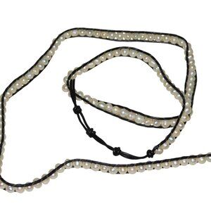 Aobei Long 5 Row Cultured Freshwater Pearls Wrap Around Bracelet Beaded Leather